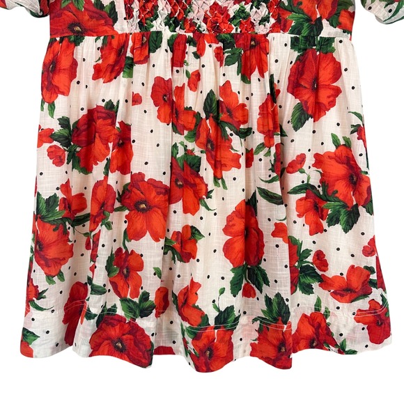 Maeve Anthropologie Red Poppy Floral Babydoll Mini Dress Puff Sleeve Large - Picture 8 of 16